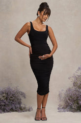 Black Maternity Square Neck Ruched Midi Dress